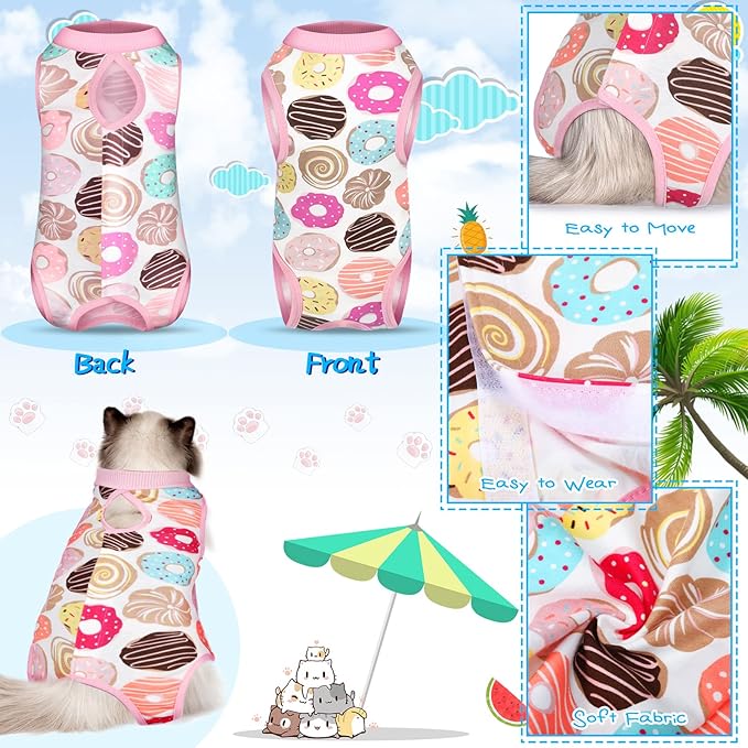 Nuanchu 3 Pieces Cat Recovery Suit Kitten Recovery Suit E-Collar Alternative for Cats and Dogs Abdominal Skin Anti Licking Pajama Clothes Sets(Large,Watermelon Style,Colorful)