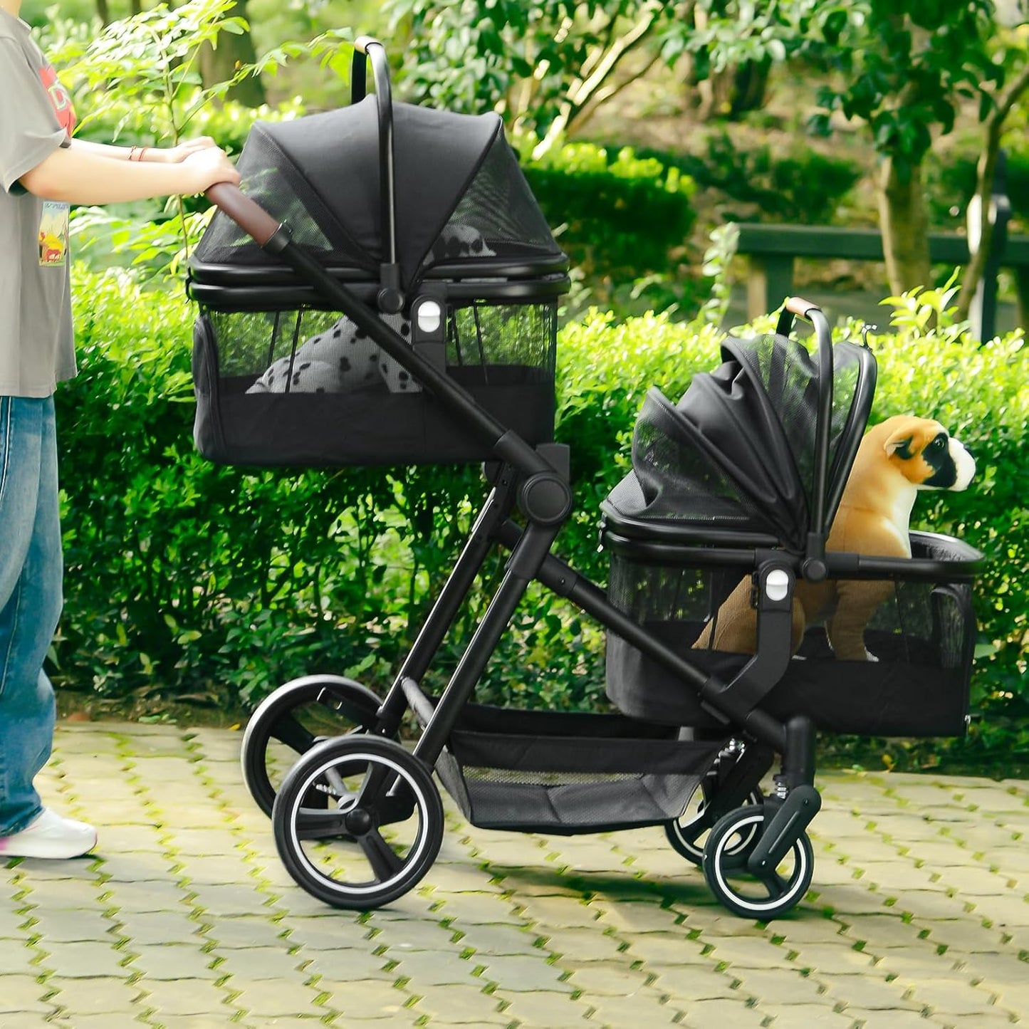 Foldable Double Pet Stroller for 2 Small Medium Cats Dogs, Lightweight Single and Double Integrated Pet Stroller with Detachable Carriers