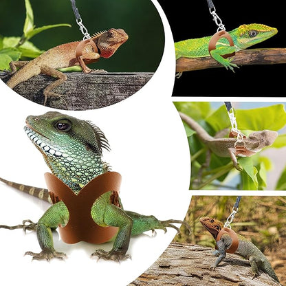 Bearded Dragon Harness and Leash Set, 3-Size Adjustable Soft Leather Reptile Leash for Training & Walking, Lizard Harness with Traction Rope, Walking Vest for Small Animal Outdoor (Brown)