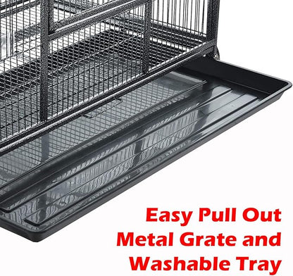 76" Extra Large Double Stackable Wrought Iron Breeding Bird Parrot Cockatiel Conure Breeder Flight Cage Double Feeder Cups Side Breeding Doors Eash Clean Pull Out Tray with Detachable Rolling Stand