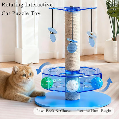 Modern 3-in-1 Interactive Cat Toy with Scratching Post, Rotating Cat Puzzle Toys for Indoor Cats with Colorful Jingle Balls, Spinning Teaser Disc with Dangling Toys, Acrylic, Blue