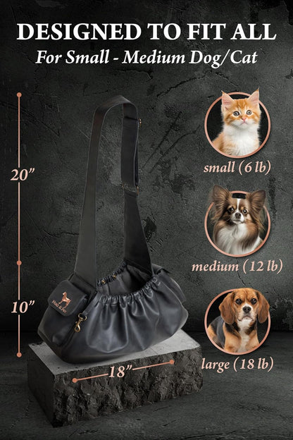 Noah & Paw Dog Sling Carrier for Small Dogs 5-18lb, Dog Sling for Small Dogs and Cats, Dog Carrier with Adjustable Padded Strap, Vegan Leather Lined with Fur, Double Safety Feature, Machine Washable