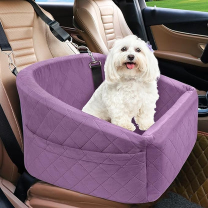 Dog Car Seat for Small Medium Dogs,Detachable Washable Dog Booster Seat Under 30lbs, Pet Car Seats Travel Bed with Storage Pockets and Safety Belt (Purple)
