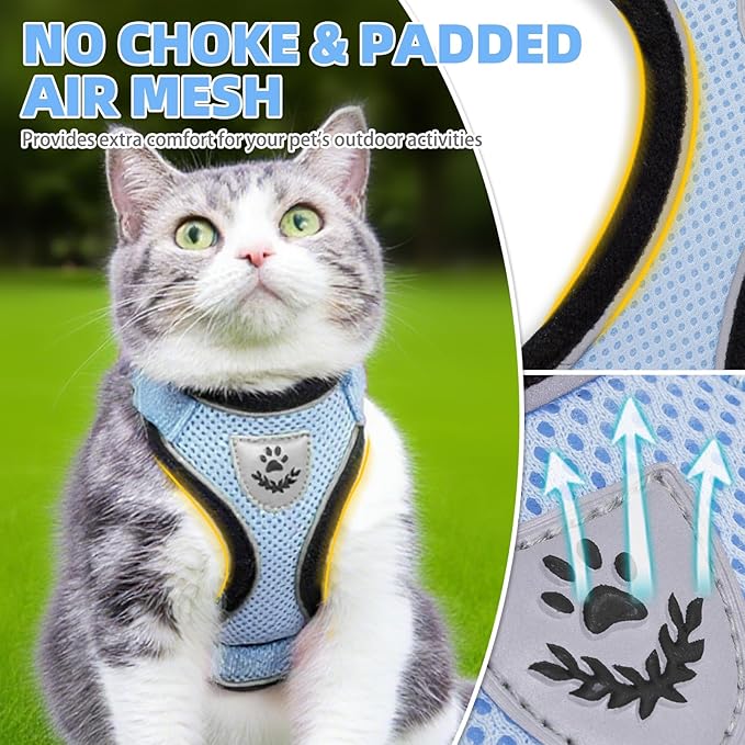 PUPTECK Cat Harness and Leash Set Escape Proof Reflective Cat Walking Harness Adjustable Soft Breathable Mesh Vest for Small Pets, Sky Blue, M