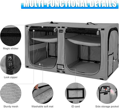 Huge Sapce Double Compartment Cat Travel Carrier with Litter Box & Homack | Cat Show Kennel Cage Crate with Mat & Water Bottle