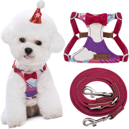 Puppytie No Pull Small Dog Harness with Multifunction Dog Leash,Lightweight Soft Adjustable No Choke Escape Proof Pet Harness Vest Pet Harness Vest,Suede Bow Wine red,S