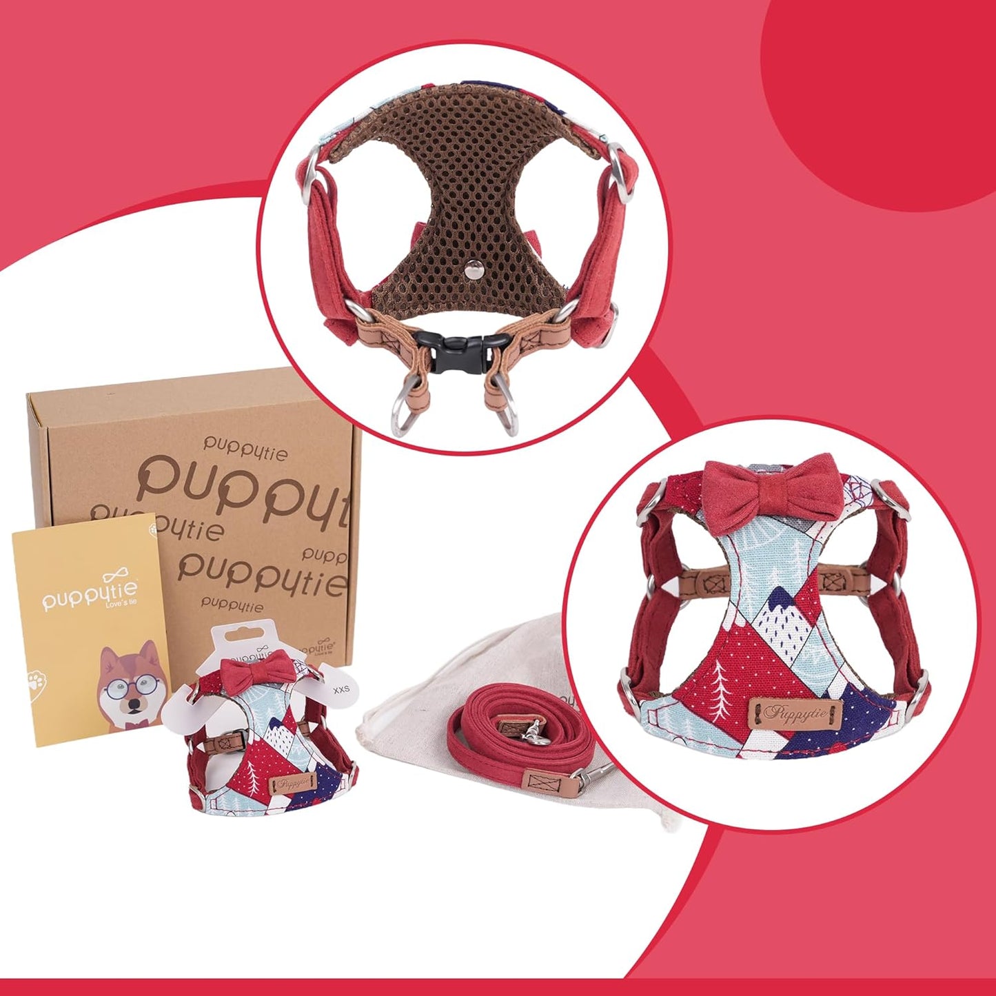 Puppytie No Pull Dog Harness with Multifunction Dog Leash,Soft Adjustable No Choke Escape Proof Pet Harness Vest for Medium Dogs,Suede Bow red,M