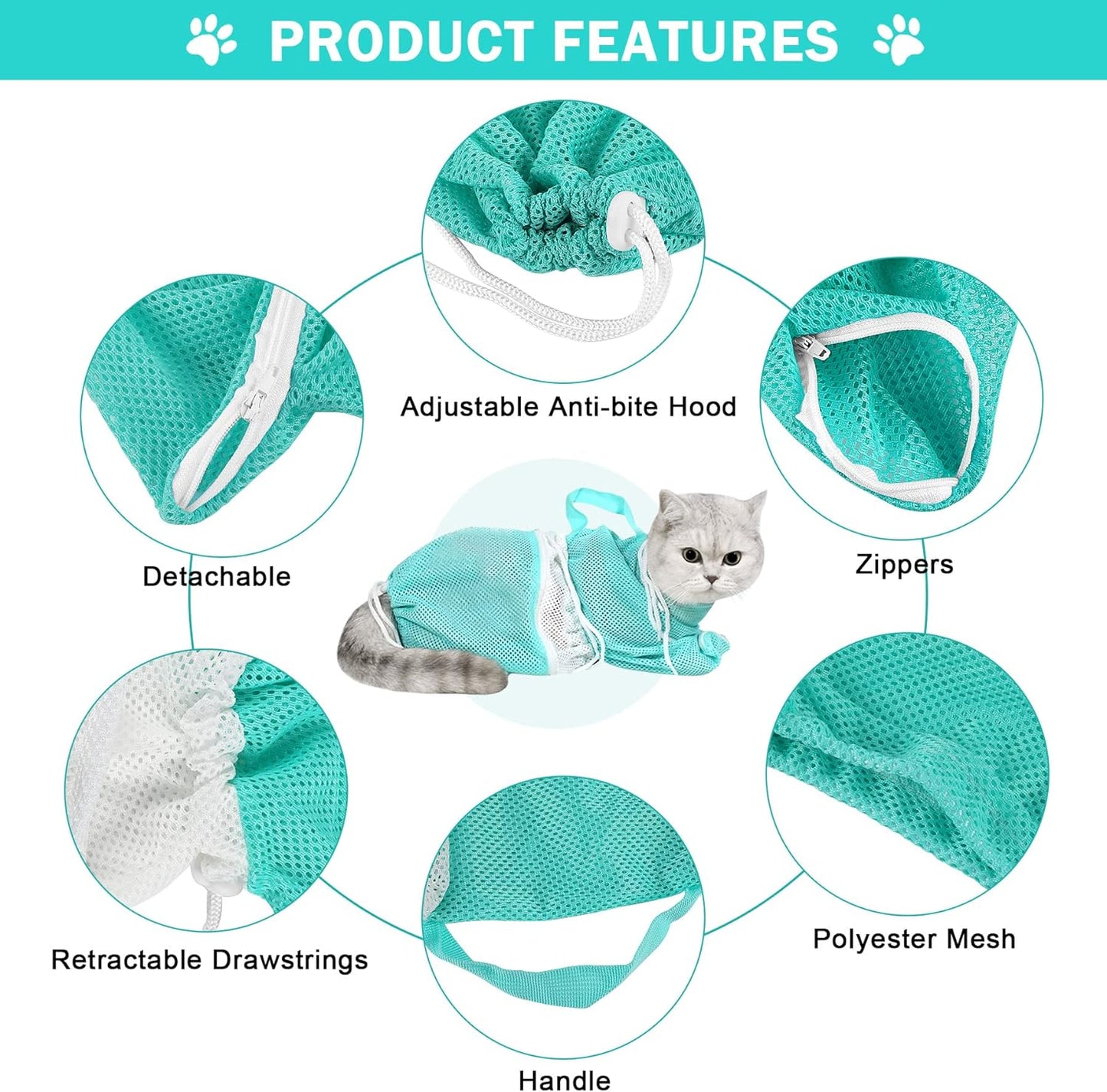 JULMELON Cat Washing Bag 10 PCS Set, Adjustable Cat Shower Net Bag and Pet Grooming Brush with Nail Clipper Nail File Hair Combs Tick Tool Nail Caps for Bathing Nail Trimming Examination（Grey+Green）