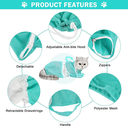 JULMELON Cat Washing Bag 10 PCS Set, Adjustable Cat Shower Net Bag and Pet Grooming Brush with Nail Clipper Nail File Hair Combs Tick Tool Nail Caps for Bathing Nail Trimming Examination（Grey+Green）