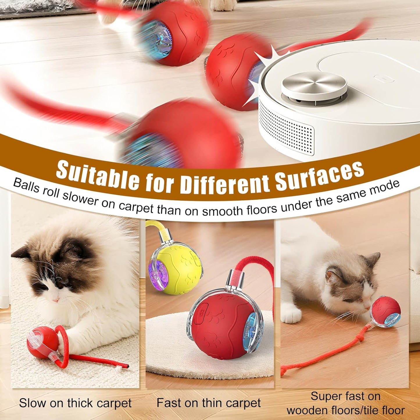 Interactive Cat Toy Balls,2025 New Interactive Rolling Cat Balls,Smart Automatic Rolling Pet Ball,Automatic Obstacle Avoidance Cat Toy with Rope for Cat & Dog (RED)
