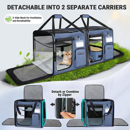 Petskd 2 in 1 Double Cat Car Travel Carrier with Litter Box, 38"x17"x18" Portable Dual Extra Large Cat Carrier for Multiple Cats with Zipper Locks for Moving Across The Country