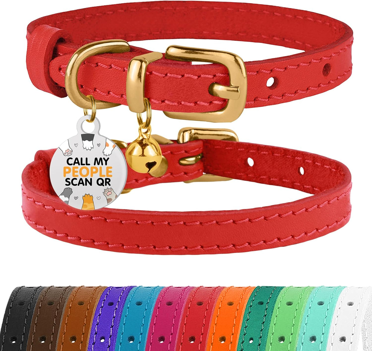 BRONZEDOG Leather Cat Collar with Removable Bells Non Breakaway Kitten QR Tag for Girl Boy (9" - 12" Cats/Mini Dogs, Red & Gold)