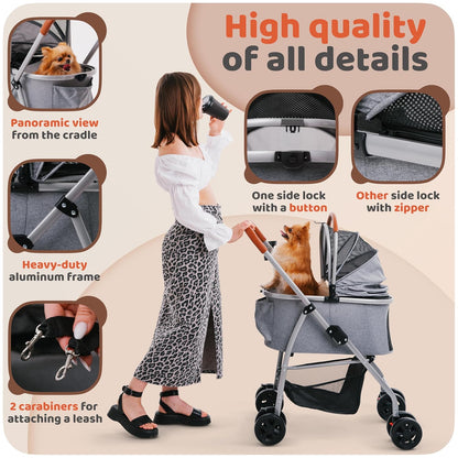 Pet Stroller for Small Medium Dogs & Cats – 2-in-1 Detachable Carrier, Zipperless Entry, Lightweight Folding Travel Stroller with Storage Basket, Cup Holder, Gray