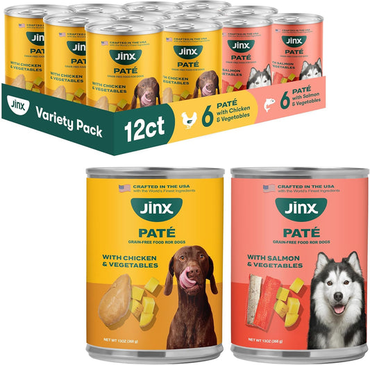 Jinx Premium Wet Dog Food Cans, Variety Pack - Salmon & Chicken Pate - Grain-Free Canned Dog Food Pate & Topper with Real Ingredients & No Fillers - All Life Stages, Breeds & Sizes - 12-Pack, 13 Oz