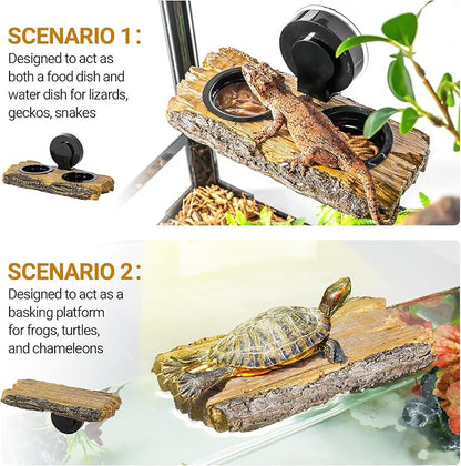 2 in 1 Reptile Feeding Ledge & Turtle Basking Platform, Resin Suction Cup Feeder with 4PCS Cups, Terrarium Water Bowl Food Dish - Tank Accessories for Crested Gecko Lizards & Aquatic Turtles