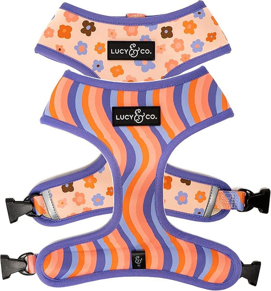 Lucy & Co. Purple with Coral Floral Wave, Cute Reversible Dog Harness Walking Halter - Best Designer Pet Harnesses for XS - XL Dogs - Padded Adjustable Vest for Easy Walking (Medium)