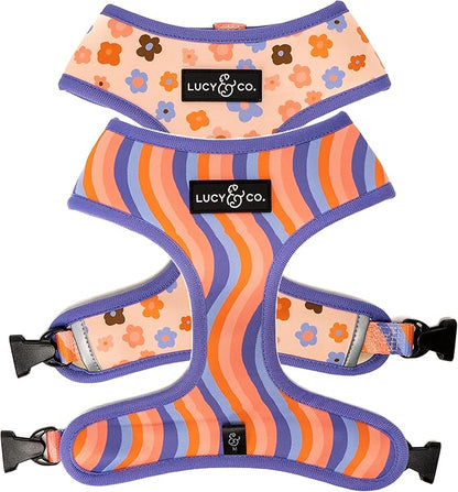 Lucy & Co. Purple with Coral Floral Wave, Cute Reversible Dog Harness Walking Halter - Best Designer Pet Harnesses for XS - XL Dogs - Padded Adjustable Vest for Easy Walking (Small)