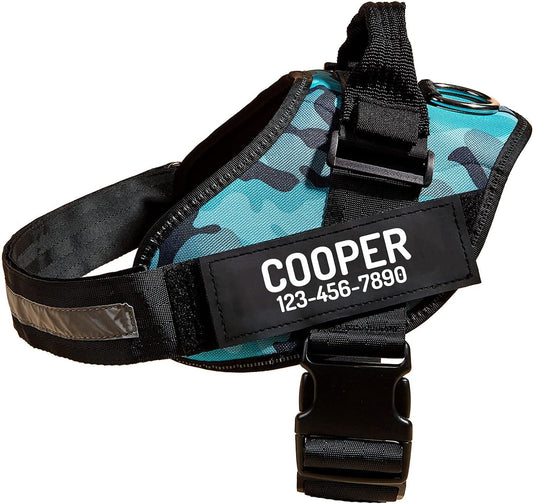 PawPawify Custom No Pull Dog Harness with Name and Phone Number, Heavy Duty Personalized Pet Vest to Prevent Tugging, Pulling, or Choking, Training and Walking (Camouflage Blue, S (Chest 16-21in))