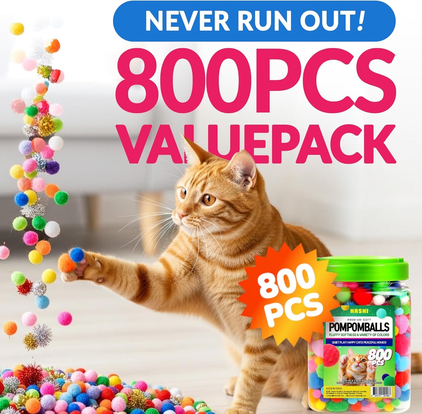 HA SHI Cat Toy Balls – 800-Pack Pom Pom Balls, Soft, Bouncy, Sparkle, Multi-Color & Mixed Sizes, No-Bell Toys for Indoor Cats & Kittens, Great for Quiet Night Play & Small Spaces