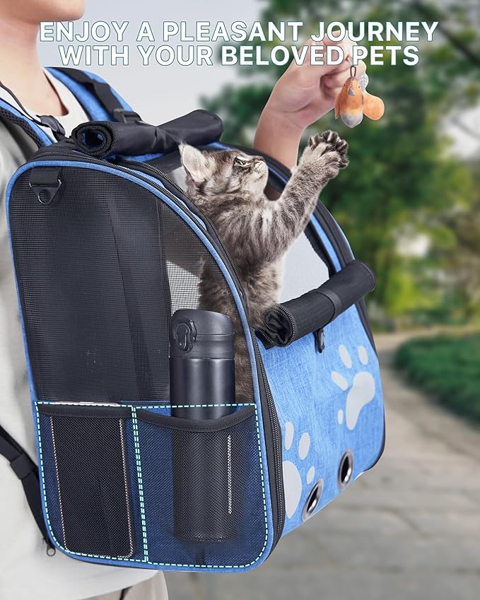 Cat Backpack Carrier with Comfort Handle, Ventilated Cat Backpack with Reflective Strips, Foldable Cat Carrying Backpack for Cats up to 17 lbs and Small Dogs up to 13 lbs (Blue)