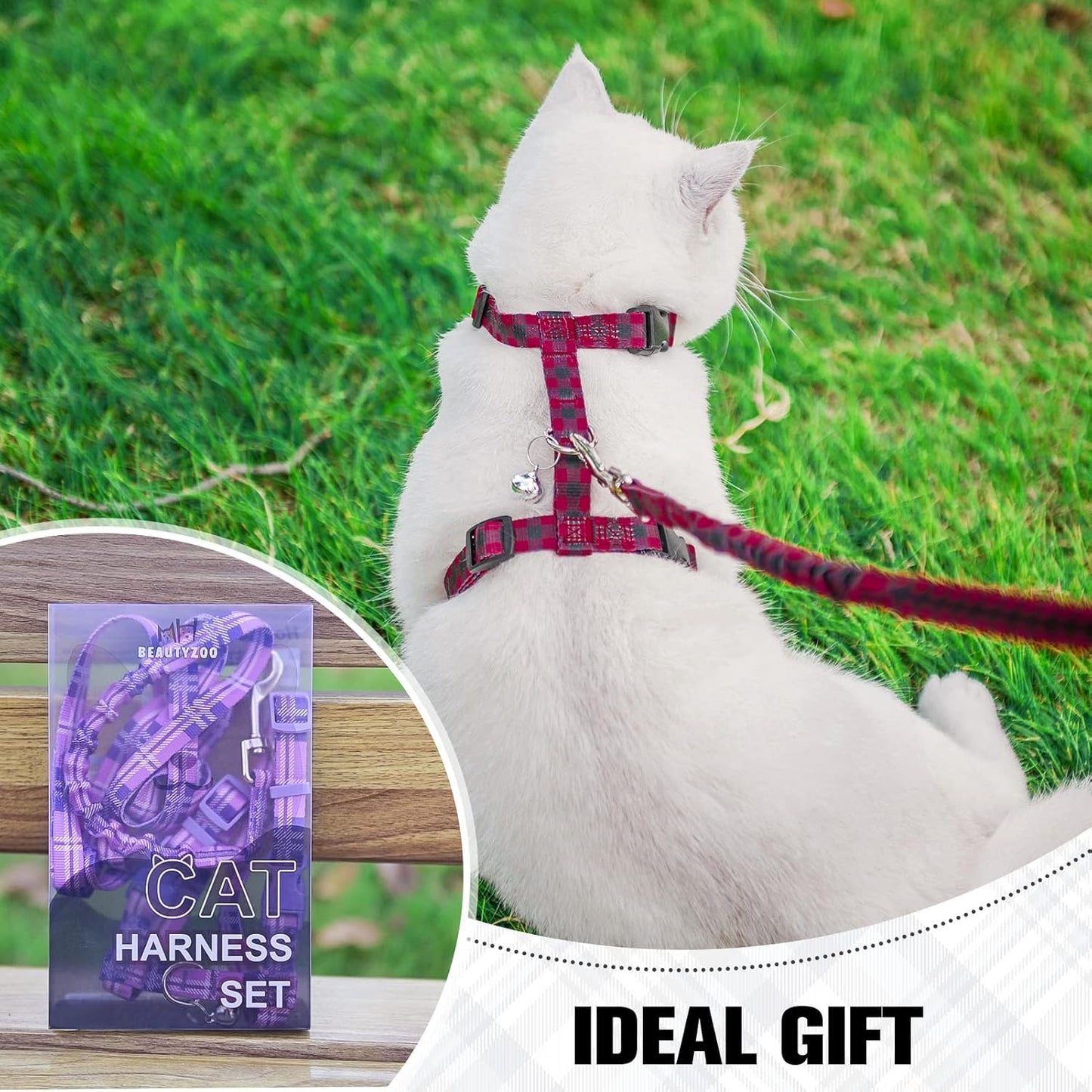 BEAUTYZOO Cat Harness and Leash Set Escape Proof for Walking, Kitten Soft Adjustable Vest Harnesses for Small Medium Large Cats, Easy Control Breathable Plaid Ribbon Nylon for Outdoor Indoor Use