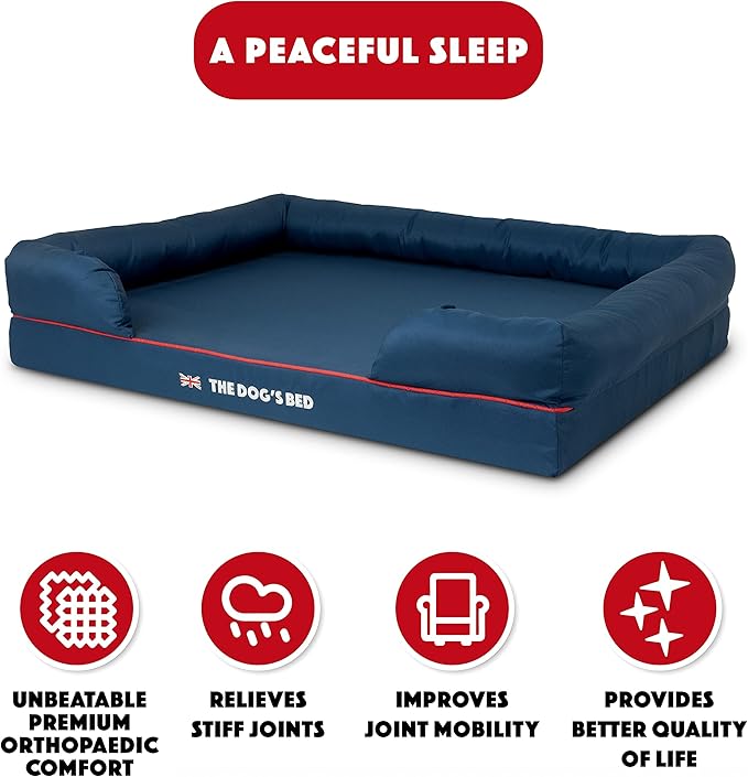 The Dog’s Bed Orthopedic Dog Bed XL Blue Oxford with Red Trim UK Flag Dog Bed, Memory Foam, Pain Relief: Arthritis, Post Surgery, Lameness, Waterproof Washable Cover