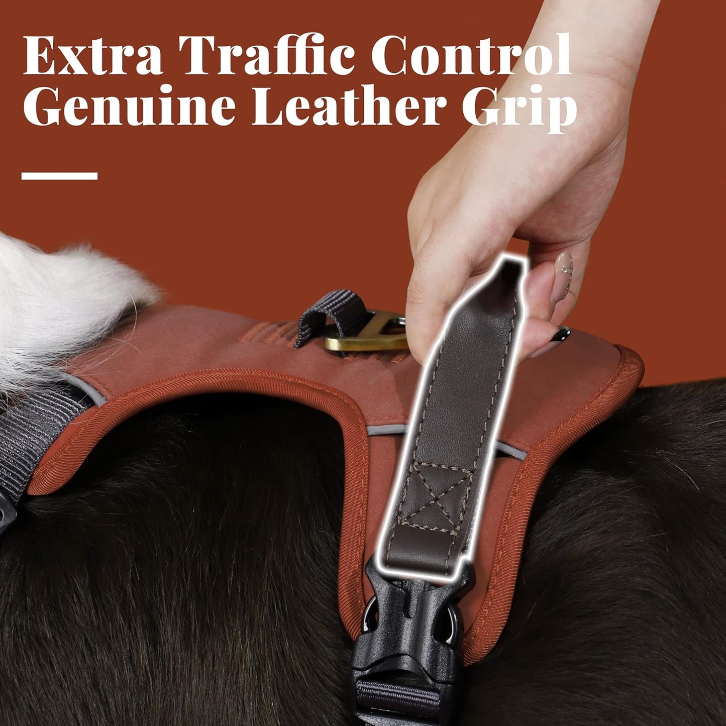 No Pull Dog Harness Medium Sized Dog,Stylish PU Leather Vest with Easy Control Handle,No Choke Front Clip with 2 Metal Leash Clips,Reflective & Adjustable for Walking,Brown,Chest 22-29"