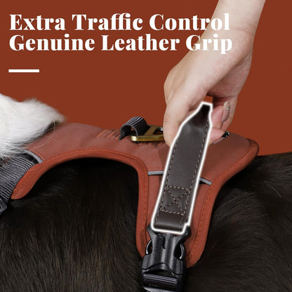 No Pull Dog Harness Medium Sized Dog,Stylish PU Leather Vest with Easy Control Handle,No Choke Front Clip with 2 Metal Leash Clips,Reflective & Adjustable for Walking,Brown,Chest 22-29"
