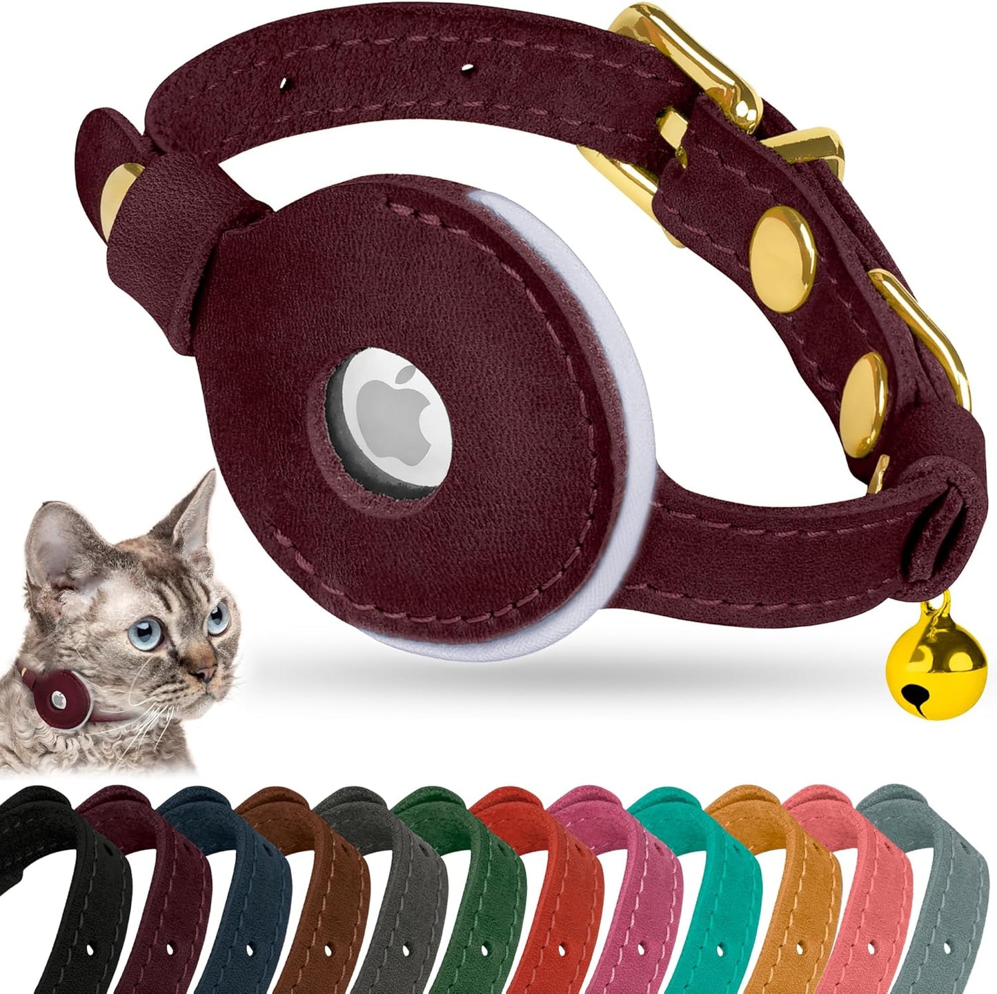 OOPSDOGGY Reflective Leather AirTag Cat Collar with Bell - Non Breakaway Adjustable Pet Collar with Apple Air Tag Holder - Lightweight GPS Kitten Collars for Small Dogs Puppy (Burgundy)