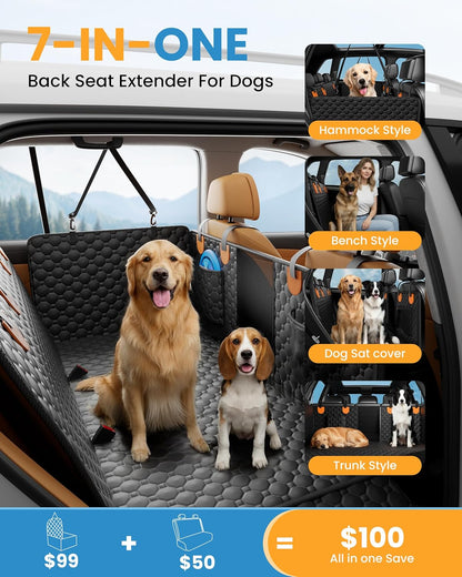 Dog Car Seat Cover for Back Seat, Hard Bottom Back Seat Extender for Dogs, Waterproof Dog Hammock for Truck Support to 400lbs, Car Seat Protector for Cars, Trucks, SUV, Jeep