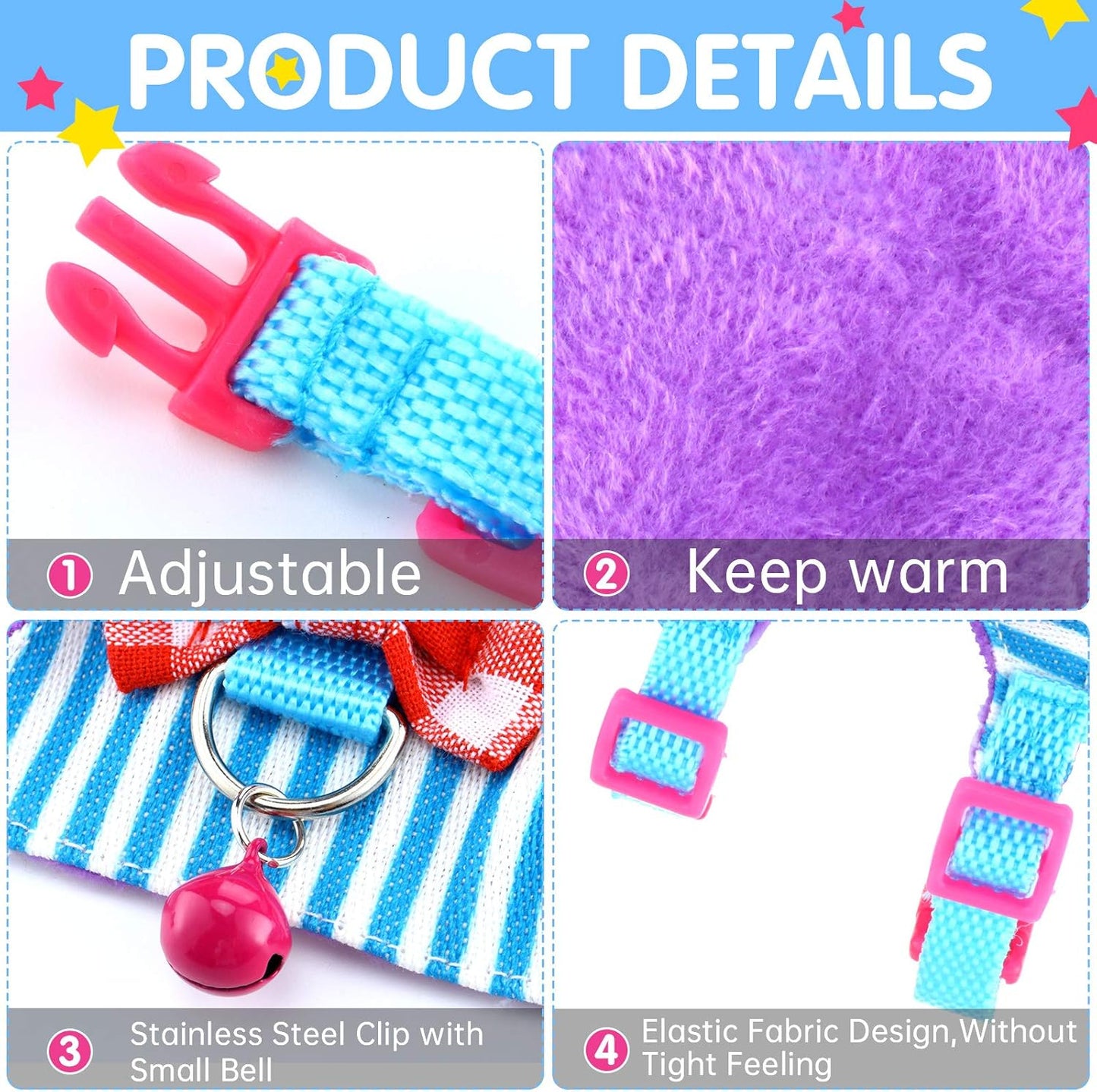 2 Pieces Hamster Harness and Leash Set for Walking, Small Guinea Pig Clothes with Bowknot Bell, No Pulling Comfort Padded Vest Striped for Guinea Pig Hamster Ferret, Small Animals (Blue, Black,S)