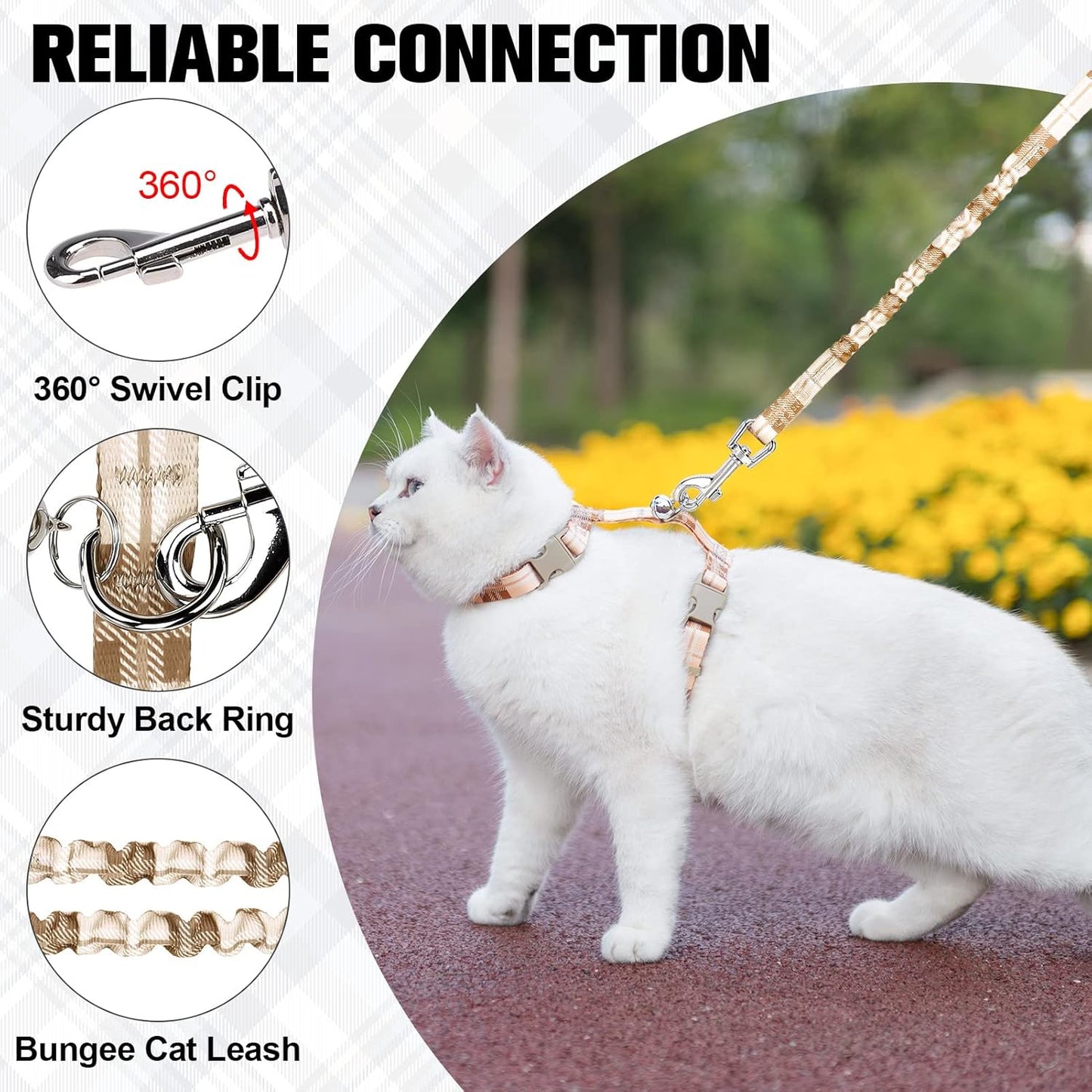 BEAUTYZOO Cat Harness and Leash Set Escape Proof for Walking, Kitten Soft Adjustable Vest Harnesses for Small Medium Large Cats, Easy Control Breathable Plaid Ribbon Nylon for Outdoor Indoor Use