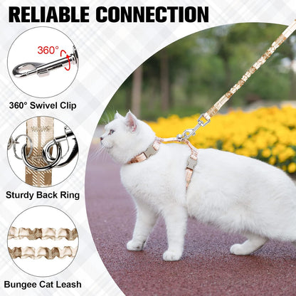 BEAUTYZOO Cat Harness and Leash Set Escape Proof for Walking, Kitten Soft Adjustable Vest Harnesses for Small Medium Large Cats, Easy Control Breathable Plaid Ribbon Nylon for Outdoor Indoor Use