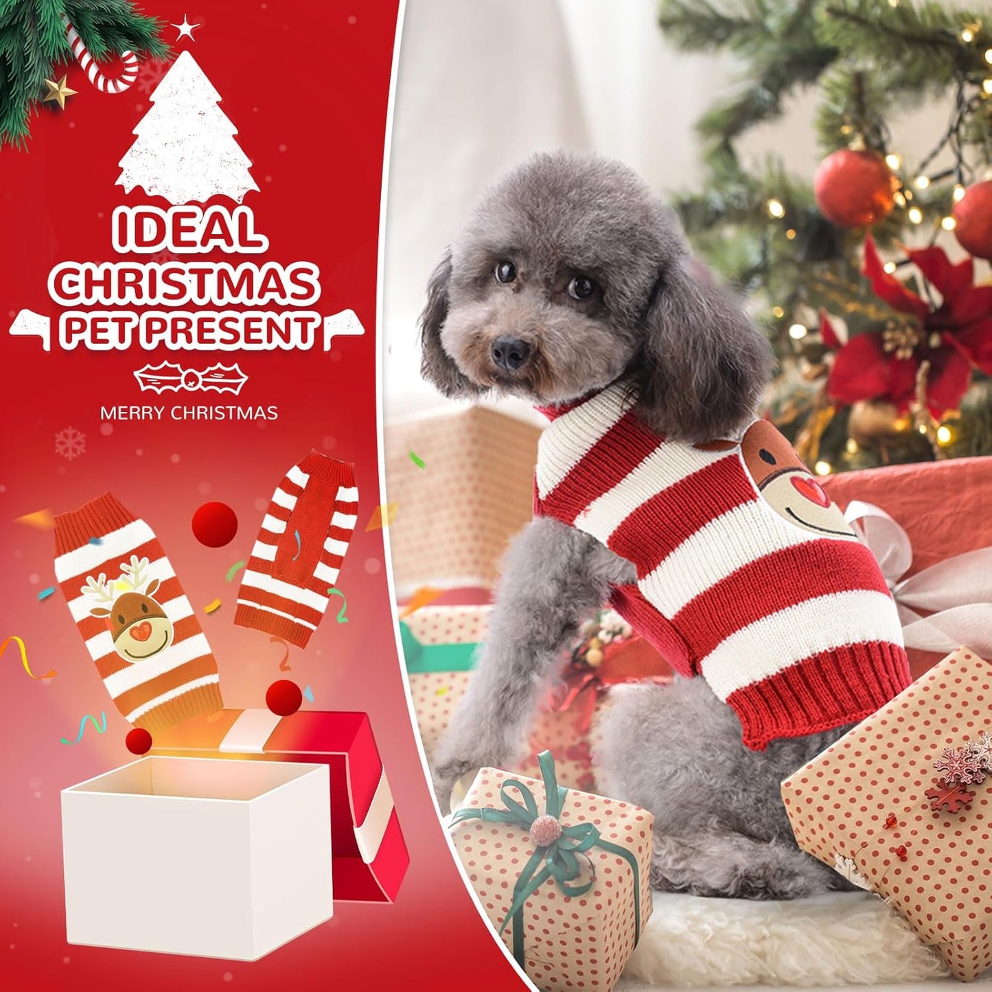 PETCARE Reindeer Christmas Dog Sweater Red Striped Cat Sweater Cartoon Elk Pet Vest Holiday Dog Clothes Puppy Sweaters for Small Medium Large Dogs Cats Fall Winter Outfits Xmas Dogs Costume,Large