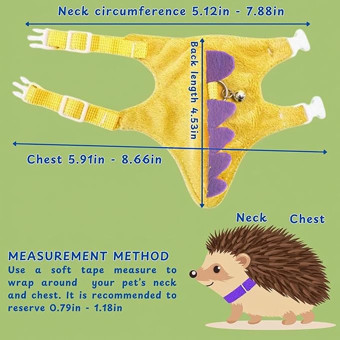 Adjustable Hedgehog Leash and Harness with Safe Bell, Dinosaur Shaped Harness Leash for Training Playing, Hamster Clothes for Ferret Guinea Pig Hamster, Hedgehog Accessories (Yellow)