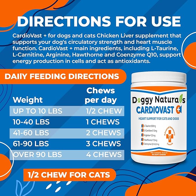 CardioVast Cardio Support and Cardio Strength Supplement for Dog and Cats, L-Taurine, L-Carnitine, Hawthorn, L Arginine, Coenzyme Q10-Supports Cardiovascular Heart Health - Made in USA - 60 Soft Chew