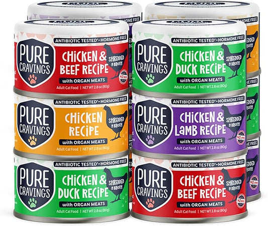 Pure Cravings Chicken Recipe in Broth, Shredded Wet Cat Food, Variety Flavor Pack: Chicken, Lamb, Duck, Beef; Grain-Free Protein, Non-GMO