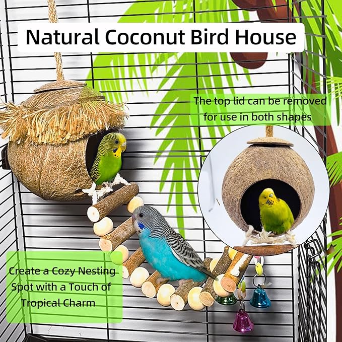 Hamiledyi Coconut Bird Nest Hut with Ladder Hanging Birds Hide House for Parrots Parakeet Conures Cockatiel