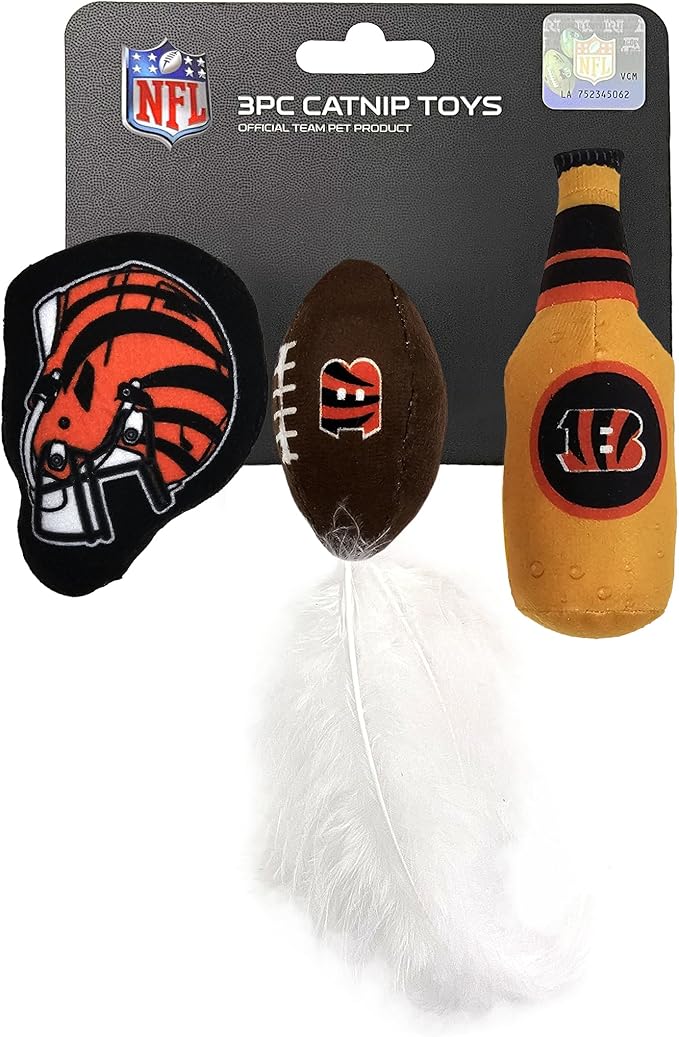 Best Plush CAT Toy - NFL Cincinnati Bengals Complete Set of 3 Piece Cat Toys Filled with Fresh Catnip. Includes: 1 Helmet Cat Toy, 1 Football Cat Toy with Feathers & 1 Beer Bottle.