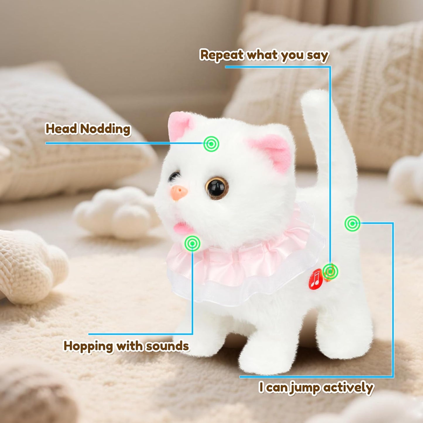 Easfan 7" Walking Plush Kitty Toy Stuffed Animal Electric Interactive with Dress Talking Musical Cute Plush Toy White Cat Tail Wagging Christmas Birthday Gifts for Kids Toddlers