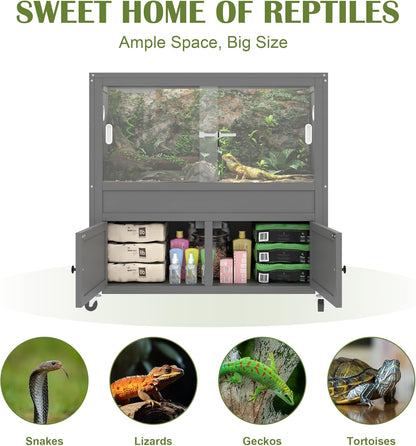 40 Gallon Reptile Tank with Storage Cabine,Bearded Dragon Tank with Stand,Reptile Enclosure with Sturdy Locks, Heat-Resistant Mesh Top, Adjustable Cabinet and 4 Wheels