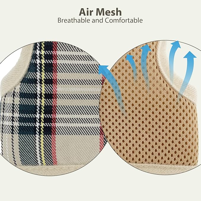 AIITLE Adjustable Bunny Harness & Leash Set - Soft Mesh Liner, Comfort Fit Plaid Pattern Vest with Magic Tape Design, Portable for Small Animal Pets Puppy Cat Rat Squirrel Ferret, Beige L