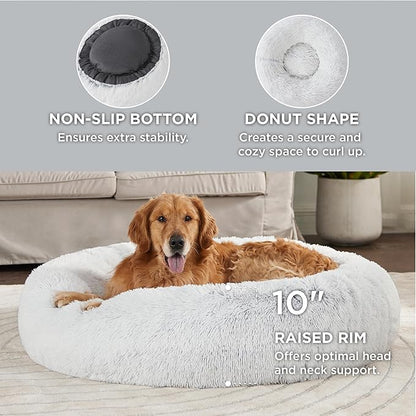 Bedsure Calming Dog Bed for Extra Large Dogs - Donut Washable Large Pet Bed, 45 inches Anti-Slip Round Fluffy Plush Faux Fur Dog Bed, Fits up to 120 lbs Pets, Frost Grey