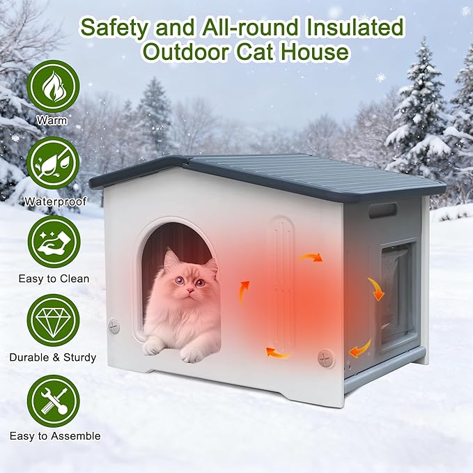 Outdoor Cat House with Insulated Liner, Weatherpoof Plastic Insulated Cats Houses with Escape Door Indoor Waterproof Feral/Pet Cat Shelter Outside for Puppy, Rabbit for Winter