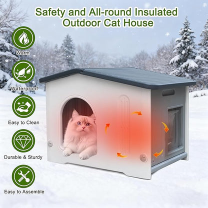 Outdoor Cat House with Insulated Liner, Weatherpoof Plastic Insulated Cats Houses with Escape Door Indoor Waterproof Feral/Pet Cat Shelter Outside for Puppy, Rabbit for Winter