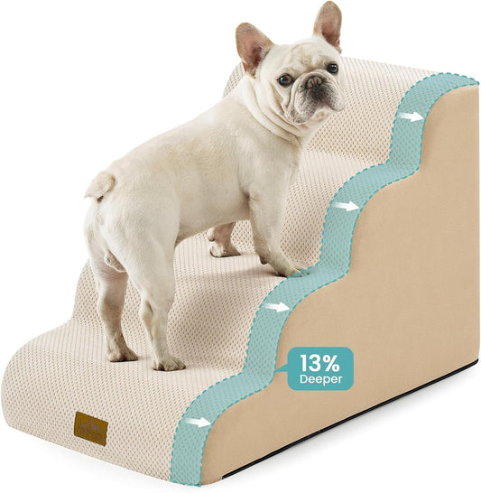 Wide Dog Stairs for Small Dog 19.7" H, Pet Step for Puppy, Older Cat, Curved Ramp for High Bed or Car, Stairs with High Density Foam, Lightweight, Durable, 4 Step, 17.7x28x19.7 inch, Beige