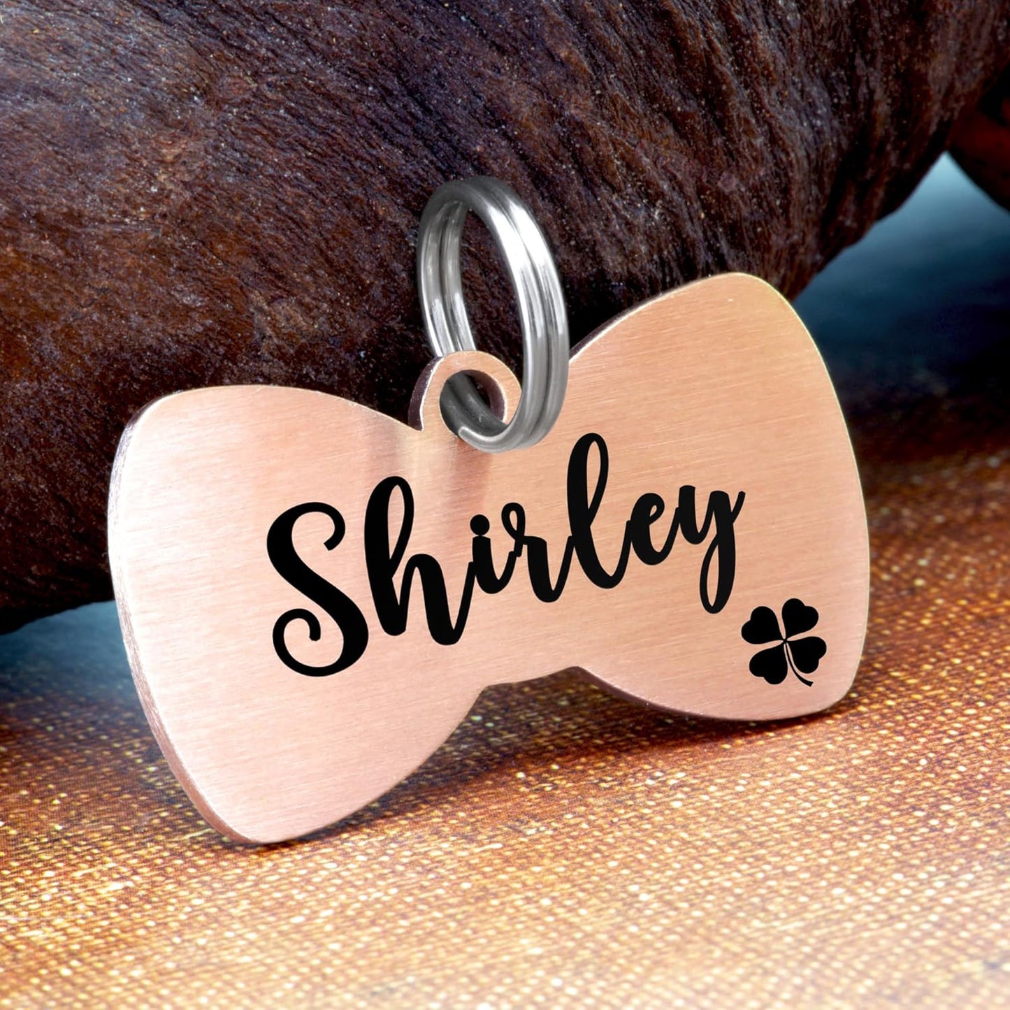 Ultra Joys Cat ID Tag Personalized Pet Tags, Durable Stainless Steel Small Pet Mini Dog Cat Tag Lightweight - Bowtie Tag in Rose Gold