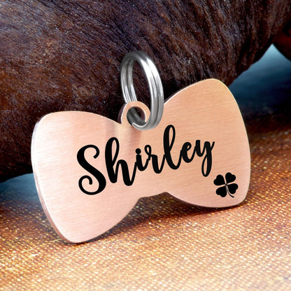 Ultra Joys Cat ID Tag Personalized Pet Tags, Durable Stainless Steel Small Pet Mini Dog Cat Tag Lightweight - Bowtie Tag in Rose Gold