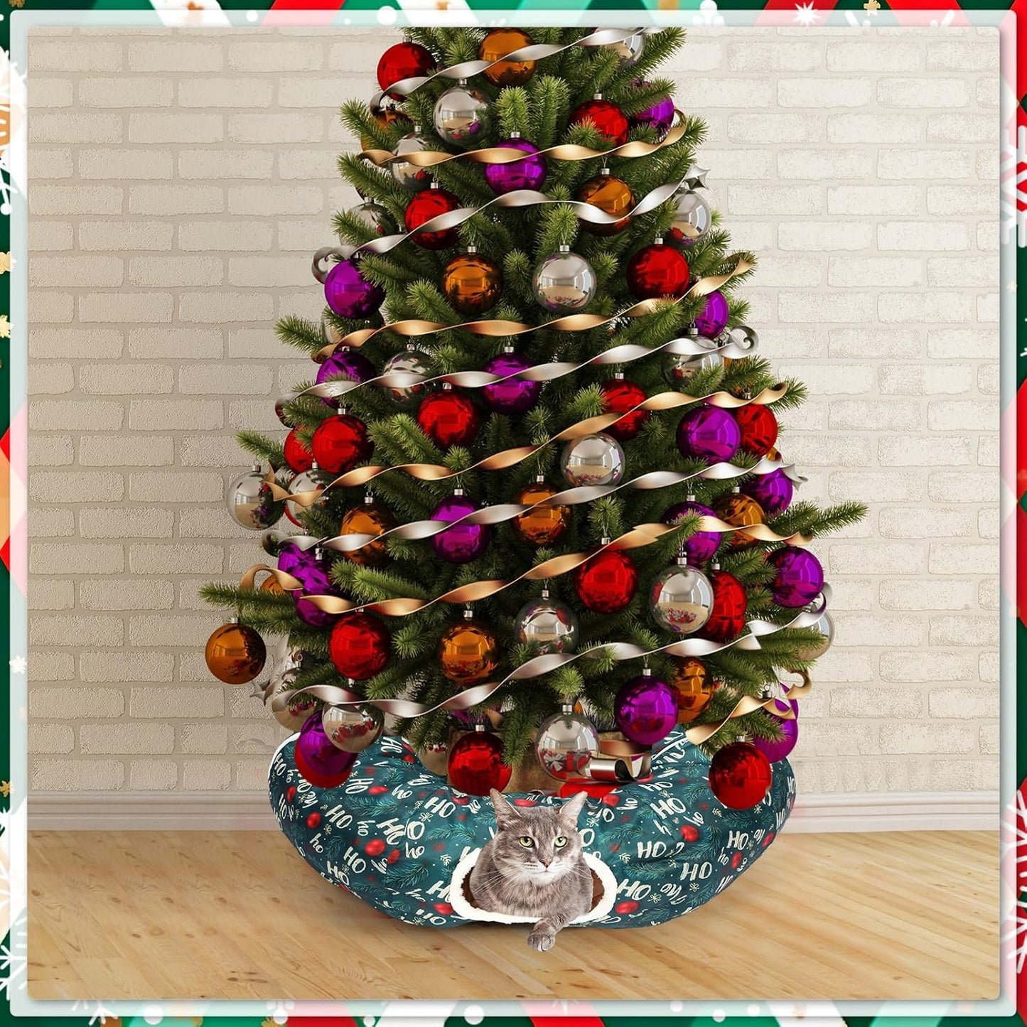 Christmas Cat Tunnel Bed for Indoor Cats Under Christmas Tree Skirt Tube with Hanging Ball Plush Cat Cave, Washable Holiday Pet Gift Toy & Gift for Kittens(Pine Branch)
