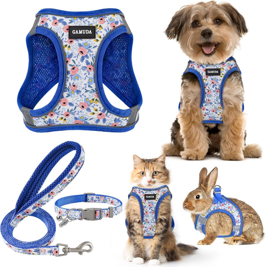 GAMUDA Small Dog Harness Collar and Leash Set, Step in No Chock No Pull Soft Mesh Adjustable Dog Vest Harnesses Plaid Reflective for Dogs Puppy Cats Kitten Rabbit (Blue Flower, S)